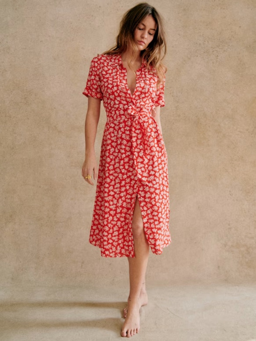 Sezane Adele Dress EU 40 US 8 Cara Red Silk Midi Floral *MISSING BELT*